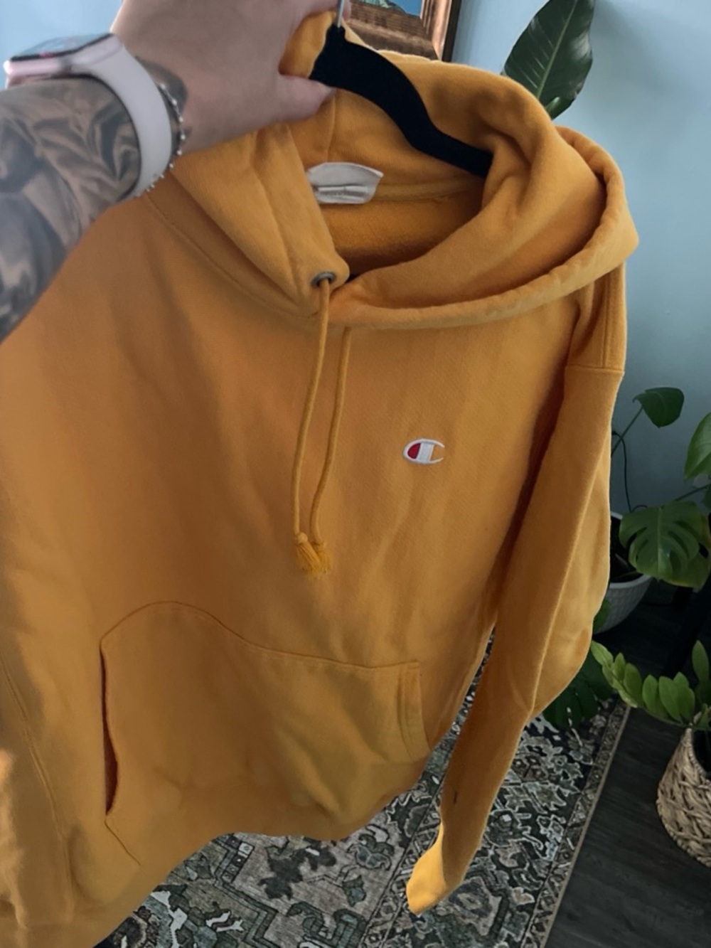 Champion Mustard Yellow Hooded Sweatshirt with Small C Logo